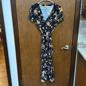 Navy blue floral button up midi tie dress, size 8 from LOFT.